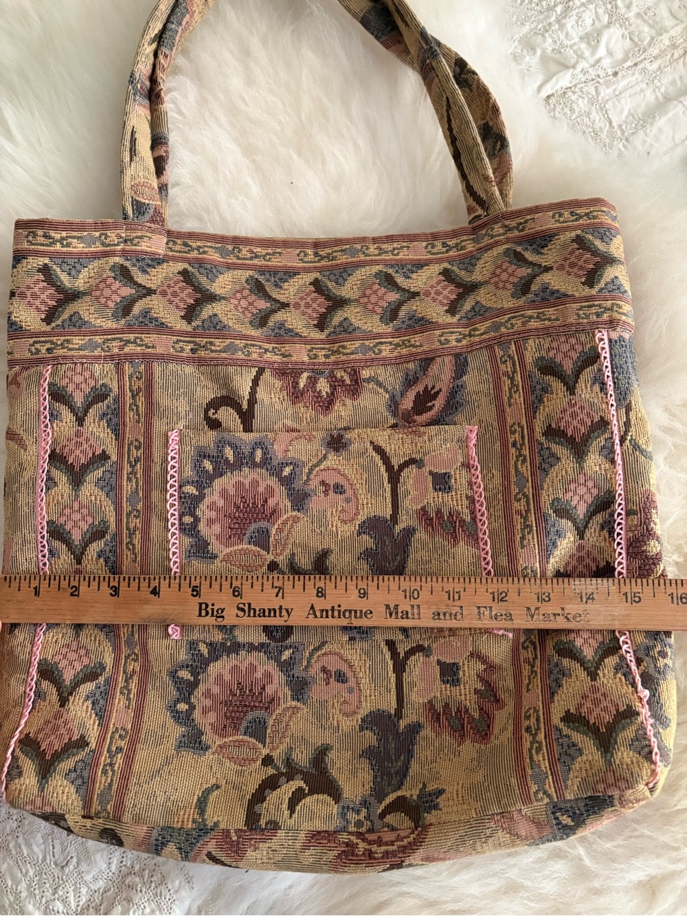 Floral Woven Tapestry Tote Bag in Pink & Tan - Picture 4 of 9